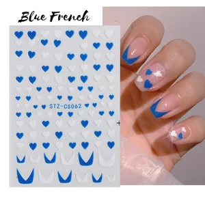 Autocollants ongles 3D avec cœurs bleus et design French en V avec paillettes