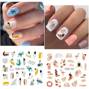 Detailed view of autumn maple leaf and abstract line nail stickers for artistic manicure