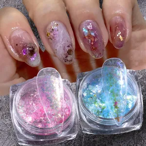 Dettagli di polvere glitter aurora per unghie in vasetti con campioni brillanti