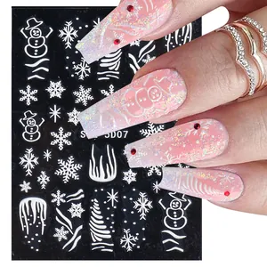 Adesivi per unghie 5D natalizi con fiocchi di neve e pupazzi su smalto rosa glitter