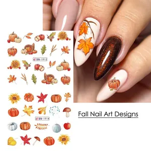 Autumn nail art stickers featuring pumpkins and maple leaves with BN-1912 water transfer