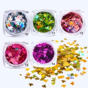 Dettaglio di cinque flaconi di glitter per unghie a foglia d'acero con sfumature colorate