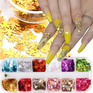 12 Griglie Paillettes per Unghie a Foglia d'Acero Laser Olografico Autunno Nail Art Glitter Flakes per Giorno del Ringraziamento Decorazioni Manicure Donna