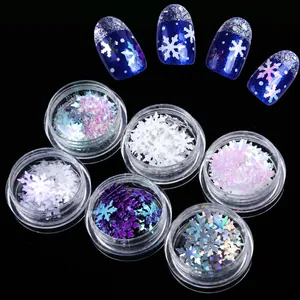 Detailweergave van 6 potjes nagelglitters in de vorm van sneeuwvlokken met voorbeeldmanicure