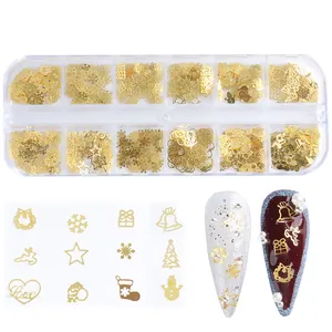 Décorations de Nail Art en Métal Creux de Noël Doré Flocons de Neige Élan Bonhomme de Neige Étoile Cœur Pour Manucure DIY Femme
