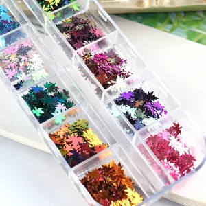 Macro di paillettes per unghie a forma di foglia d'acero in vari colori laser con box