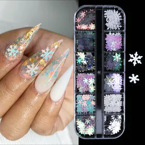 Detailed view of laser snowflake nail glitters in 12-grid box for winter manicure art