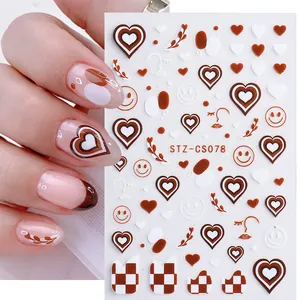 3D Self Adhesive Nail Art Stickers Checkerboard Heart Smiley Face Abstract Lines Flame Nail Decals For Women Girls DIY Decor