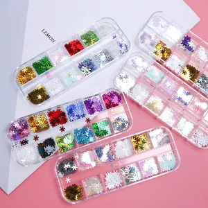 Multi-colored laser snowflake nail art sequins in 12-grid storage boxes for DIY decoration
