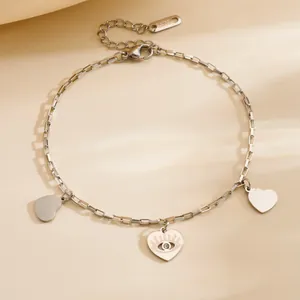 Bracelet de cheville en acier inoxydable avec double cœur et pendentif œil protecteur