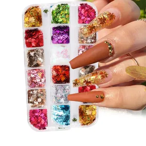Set da 12 colori di paillettes per unghie a foglia d'acero con glitter laser metallizzato