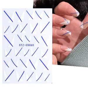 Stickers ongles 3D French V STZ-CS065 avec motifs géométriques ruban bleu et blanc