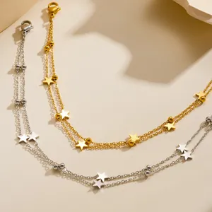 Minimalist Stainless Steel Double Layer Star Anklet For Women Gold Silver Plated Bead Pentagram Tassel Foot Jewelry Gift