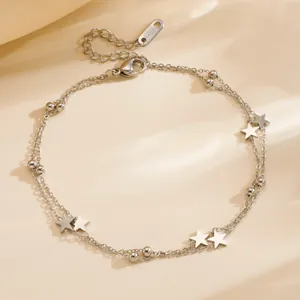 Double-layered stainless steel star anklet with polished silver finish and beads