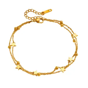 Double-layered gold star anklet with polished beads and adjustable lobster clasp closure