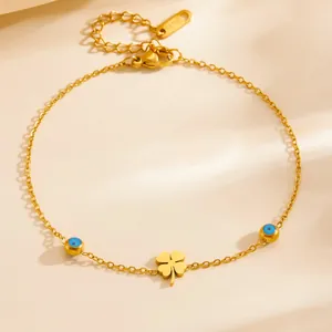 Bracelet de cheville doré en acier inoxydable avec perles œil et trèfle élégant