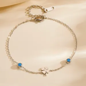 Bracelet de cheville trèfle Evil Eye argenté avec perles bleues et chaîne réglable