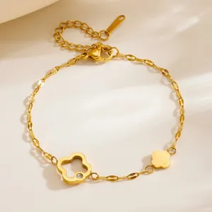 Pulsera de Acero Inoxidable para Mujer Bañado en Oro Trébol de Cuatro Hojas Hueco Con Zirconia Incrustada Cadena Ajustable Joyería Diaria Regalo