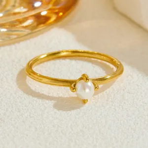 Modern Stainless Steel Pearl Ring For Women Elegant Gold Plated Thin Band Four Claw Faux Pearl Minimalist Jewelry Finger Ring Gift