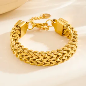 Polished gold stainless steel multi-layered chunky link bracelet with lobster clasp