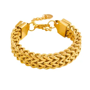 Polished gold-plated stainless steel woven chain bracelet with adjustable lobster clasp