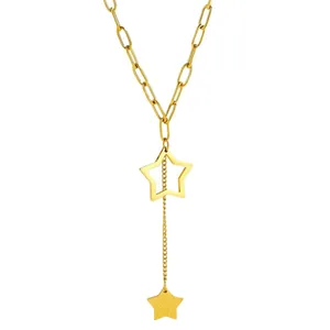 Gold Y-shaped star pendant necklace featuring minimalist hollow and solid star charms