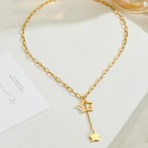 18K gold star pendant necklace with bold oval link chain and asymmetric tassel stars