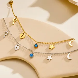 Tobillera de Acero Inoxidable para Mujer Oro Plata Colgante Corazón Cerradura Llave Estrella Luna Tobillera Ajustable Moda