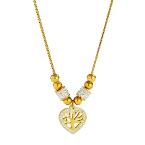 Gold tree of life heart necklace with shimmering zircon accents on white background