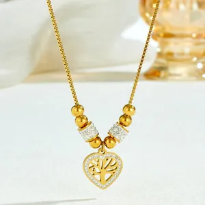 Gold Plated Stainless Steel Heart Tree Of Life Pendant Necklace With Zirconia Accents Fashion Jewelry Gift For Women Clavicle Chain