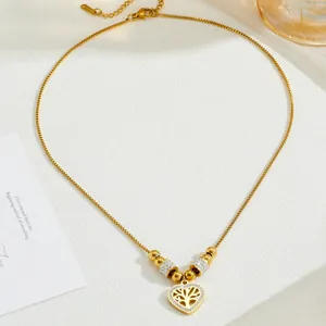 Gold stainless steel tree of life heart necklace with sparkling zircon accents