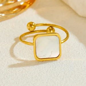 Adjustable rose gold ring featuring a square marble stone inlay and a double band design