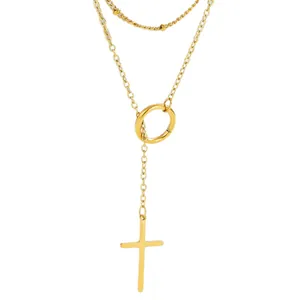 Collar de doble capa dorado con elegante colgante de cruz y cadena de bolas pulida
