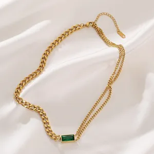 Gold titanium steel double-layer necklace with rectangular emerald zircon pendant