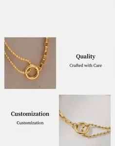Detail of gold geometric necklace showing mixed bead and square link chains with a ring join