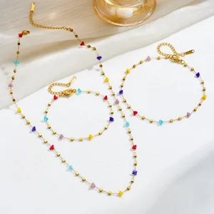 Minimalistische Roestvrijstalen Vergulde Kleurrijke Kristallen Hart Hanger Ketting Armband Enkelband Set Voor Vrouwen Sieraden