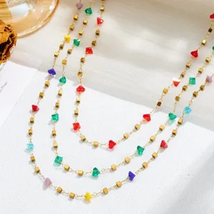 Lange regenboog kristallen titanium stalen ketting met gekleurde kralen en goud