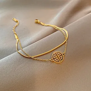 Bracciale A Doppio Strato In Acciaio Inossidabile Placcato Oro Catena A Serpente Ciondolo Rotondo Fu Gioielli Vintage