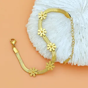 Golden titanium steel snake chain bracelet featuring five minimalist daisy pendants