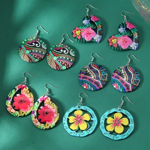 Bohemian Floral Acrylic Drop Earrings Vintage Ethnic Geometric Printed Heart Round Teardrop Jewelry For Women