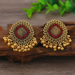 Vintage boho χρυσά σκουλαρίκια με κόκκινα στρας και μικρά χρυσά σφαιρίδια