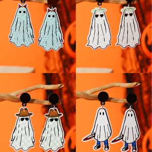 Pendientes de Acrílico de Fantasma de Halloween Fantasma de Dibujos Animados con Cuchillo Sombrero de Vaquero Joyería de Mujer Fiesta