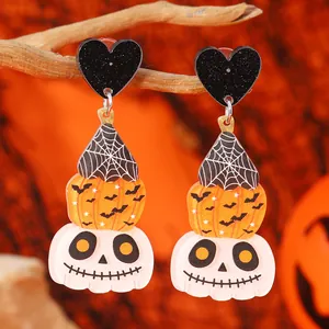 Ακρυλικά σκουλαρίκια Halloween με πορτοκαλί κολοκύθα, ιστό αράχνης και νυχτερίδα