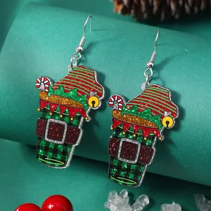 Christmas elf acrylic drop earrings with festive glitter finish and holiday patterns