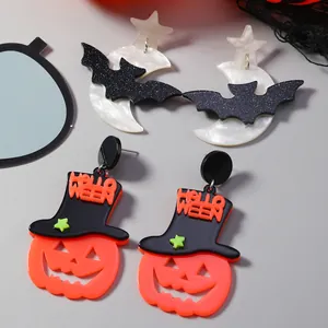 Halloween Acryl-Ohrring-Set mit orangem Kürbisgesicht und schwarzem Glitzer-Fledermaus