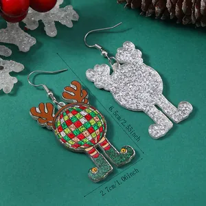 Detailed size view of Christmas acrylic earrings with reindeer and disco ball charms