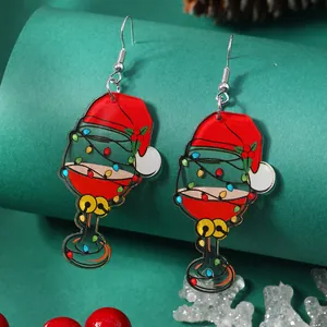 Christmas acrylic wine glass hook earrings with Santa hat and festive bells decor