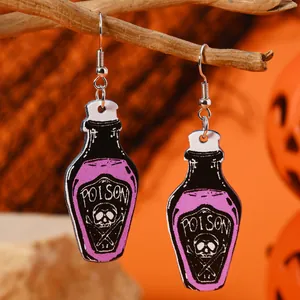 Spooky Poison bottle drop earrings with skull design for Halloween fashion jewelry