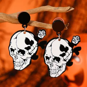 Halloween crow skull drop earrings with rose detail for punk rock hip hop style