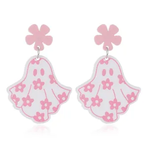 Cute pink floral and white ghost acrylic drop earrings for Halloween festive jewelry